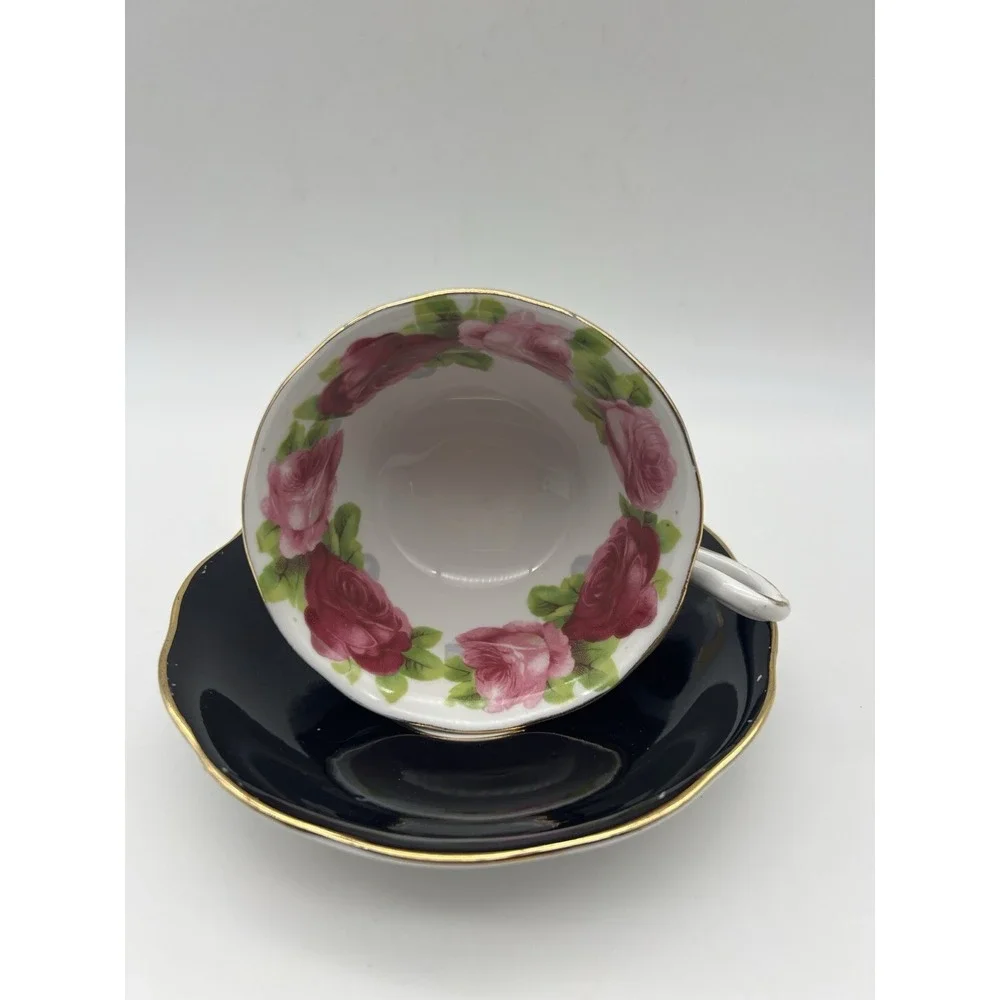 Vtg Royal Albert Bone China Crown Black Gold Old English Rose Tea Cup & Saucer